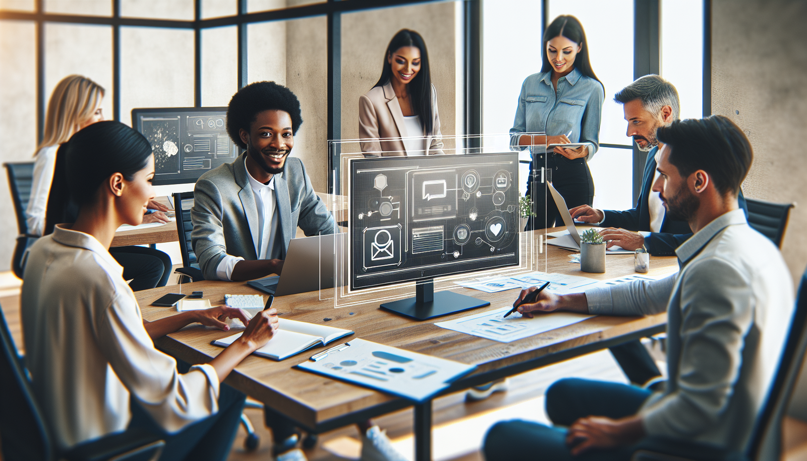 Equipo de negocios integrando WhatsApp con CRM en oficina moderna