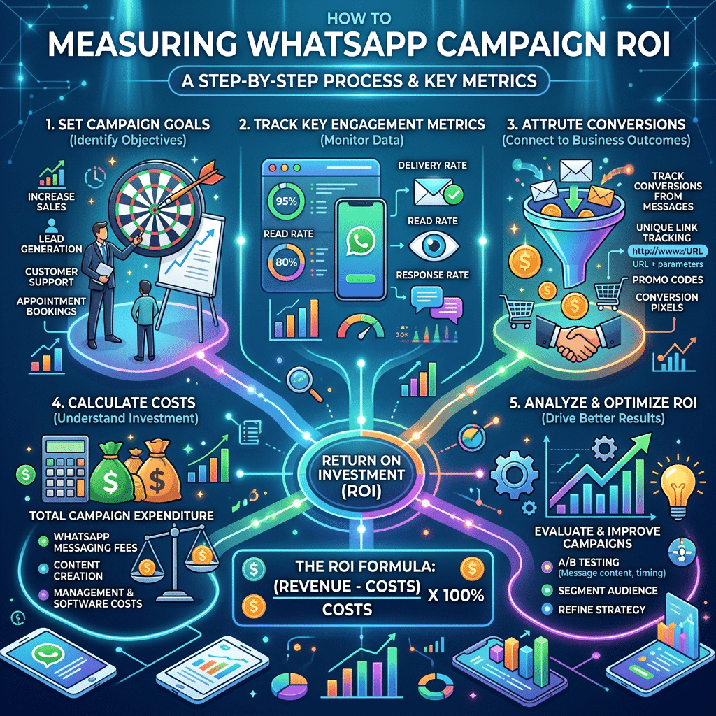 Diagram showing five steps to measure WhatsApp campaign ROI including setting goals, tracking engagement, attributing conversions, calculating costs, and optimizing results.