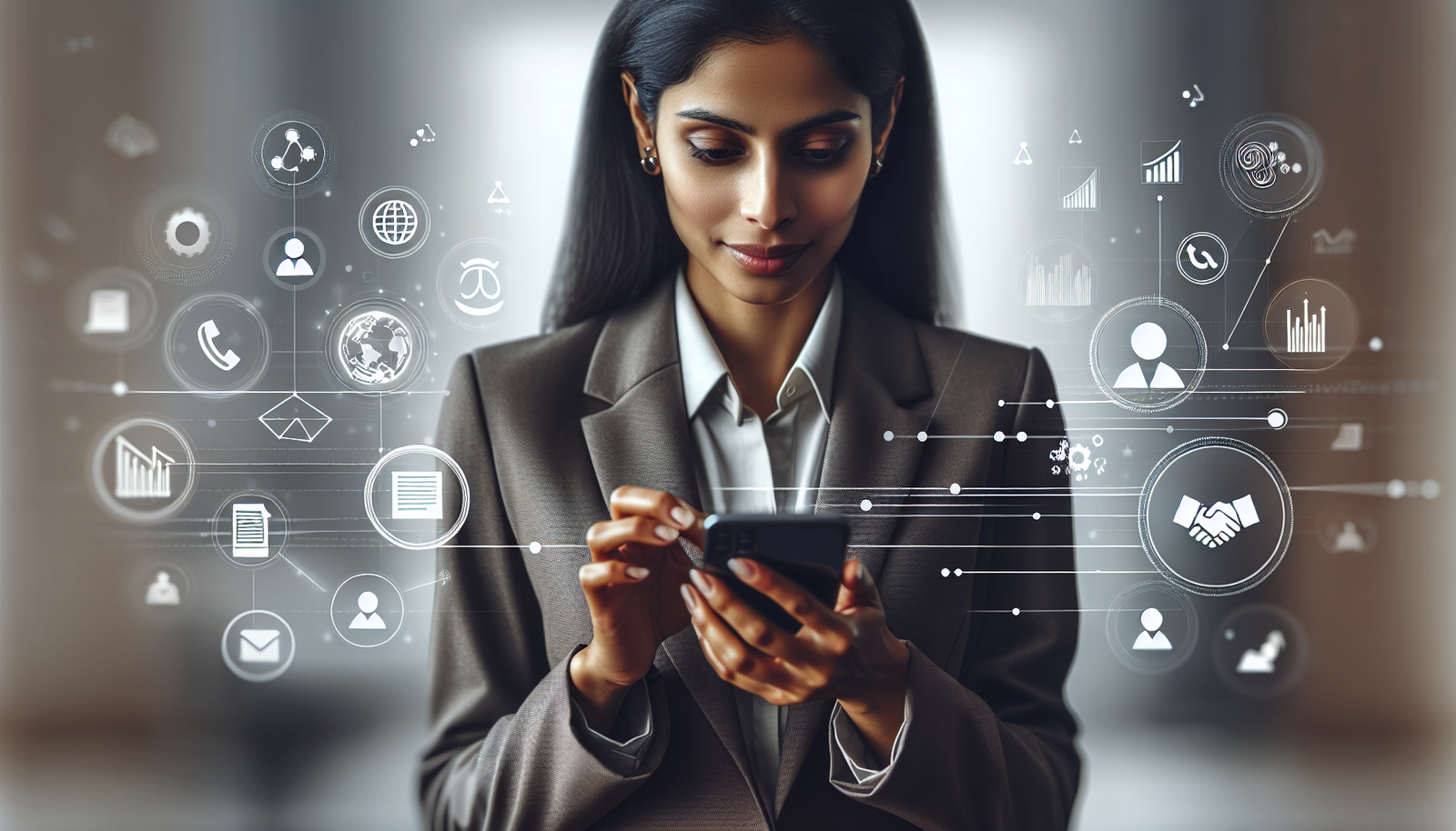 Persona de negocios usando WhatsApp en un smartphone con iconos relacionados al negocio alrededor.